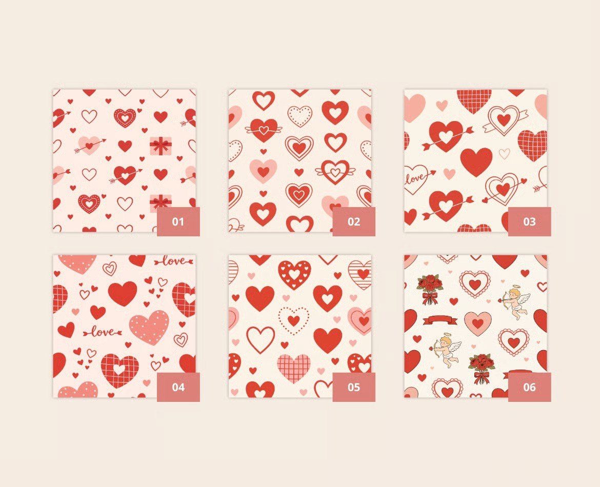 Valentine Hearts & Gifts Seamless Pattern Set preview