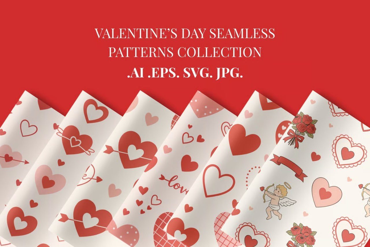 Valentine Hearts & Gifts Seamless Pattern Set